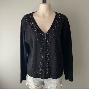 Vintage Erika Rhinestone Gemstone Zip Up Knit Cardigan Sweater 90s Y2K Large